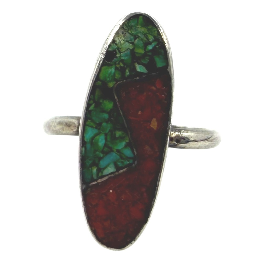 Vintage Ring Turquoise Coral Chip Inlay Size 5.25 Native American Southwestern